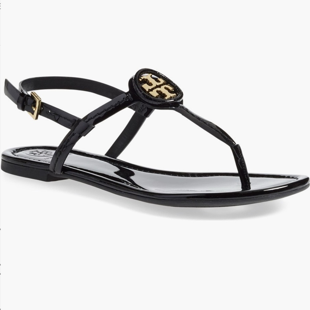 Tory Burch Black Patent Logo T-Strap Dillan Sandals